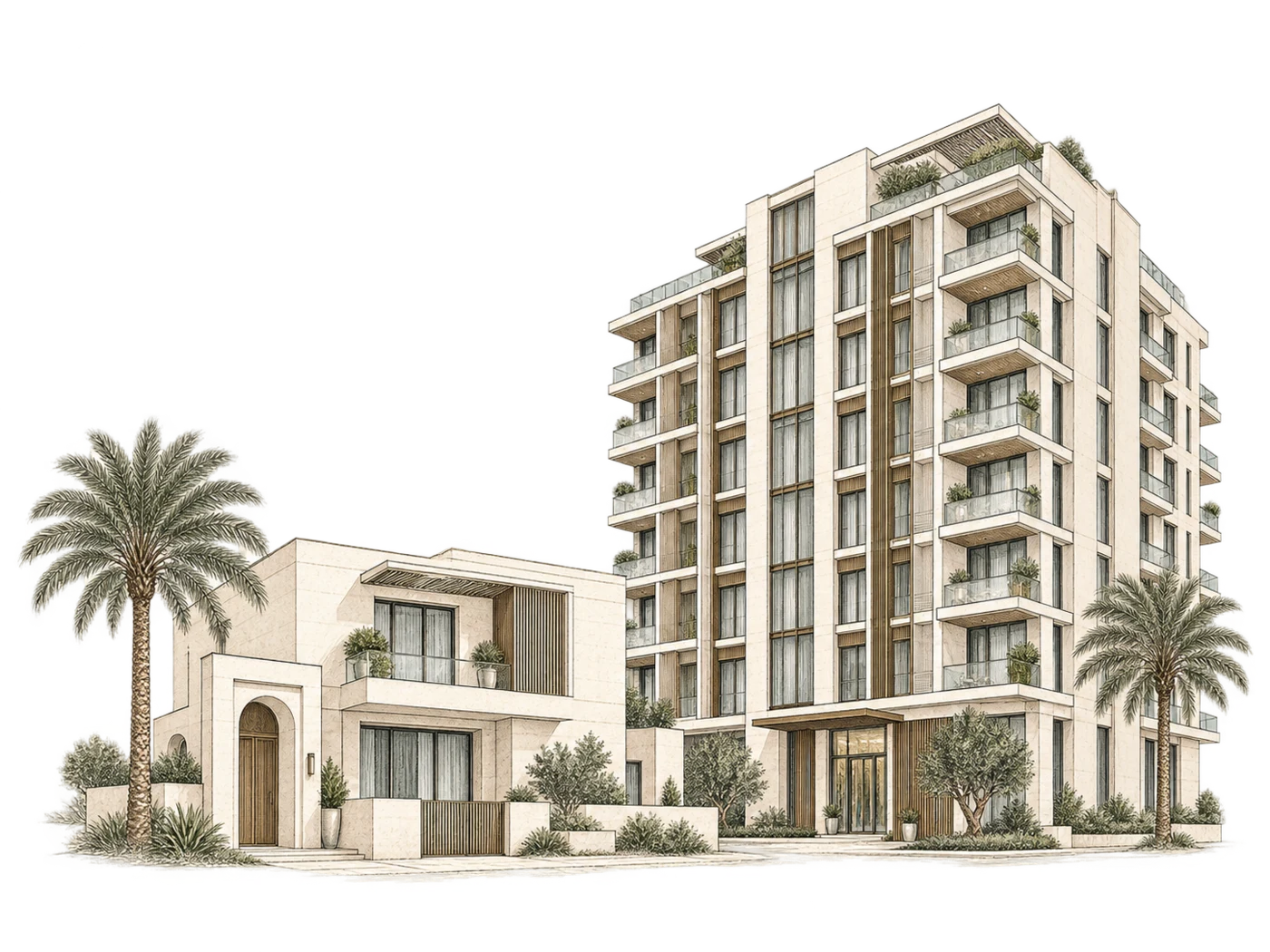 رسم معماري هندسي تعبيري لمبنى سكني وفيلا في أبوظبي